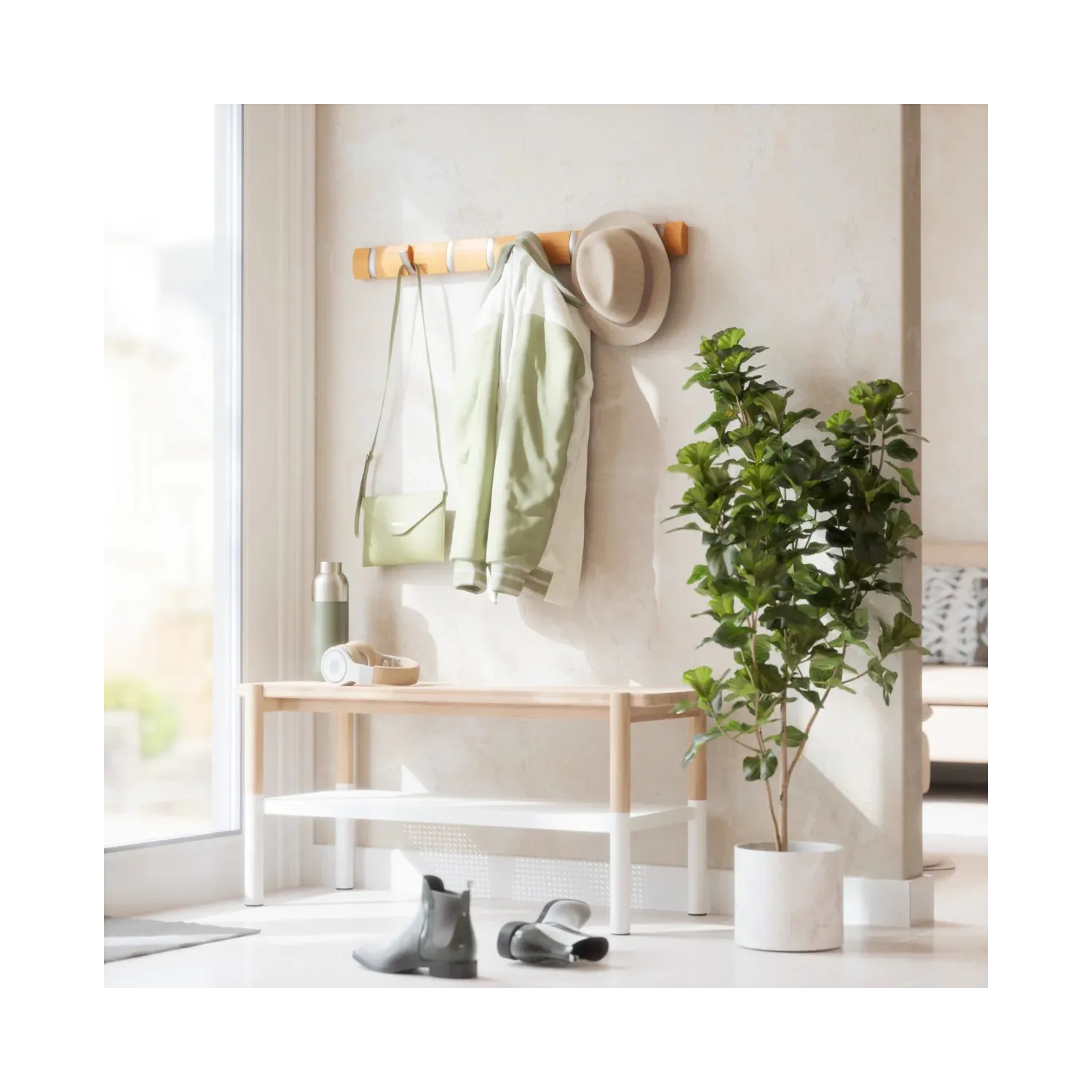 Cuier cu 8 carlige rabatabile Umbra Flip natural