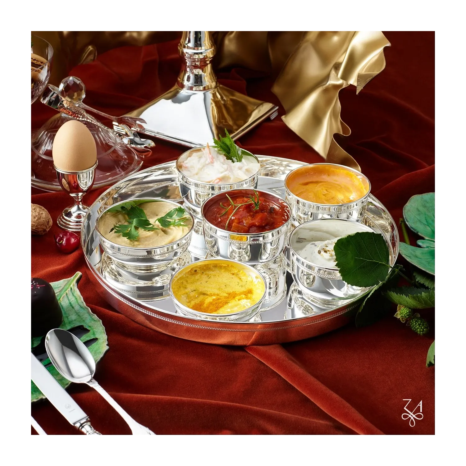 Set servire Indian din argint masiv Thali