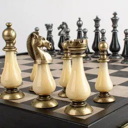 Joc de sah Leather Chessboard Chessmen & Pearl