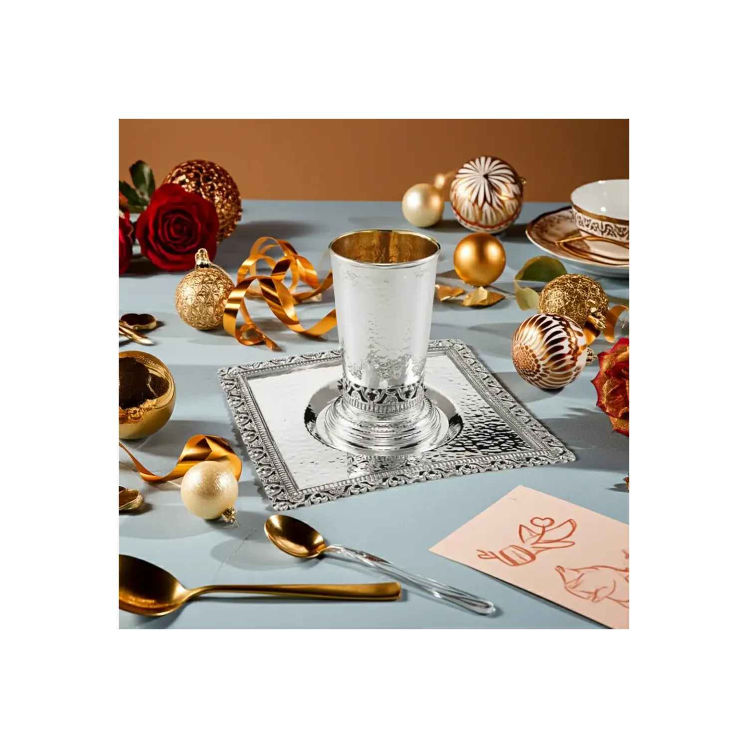 Set Kiddush pahar si tava argint masiv Conico