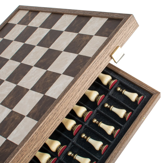Joc de sah Leather Chessboard Chessmen & Ivory