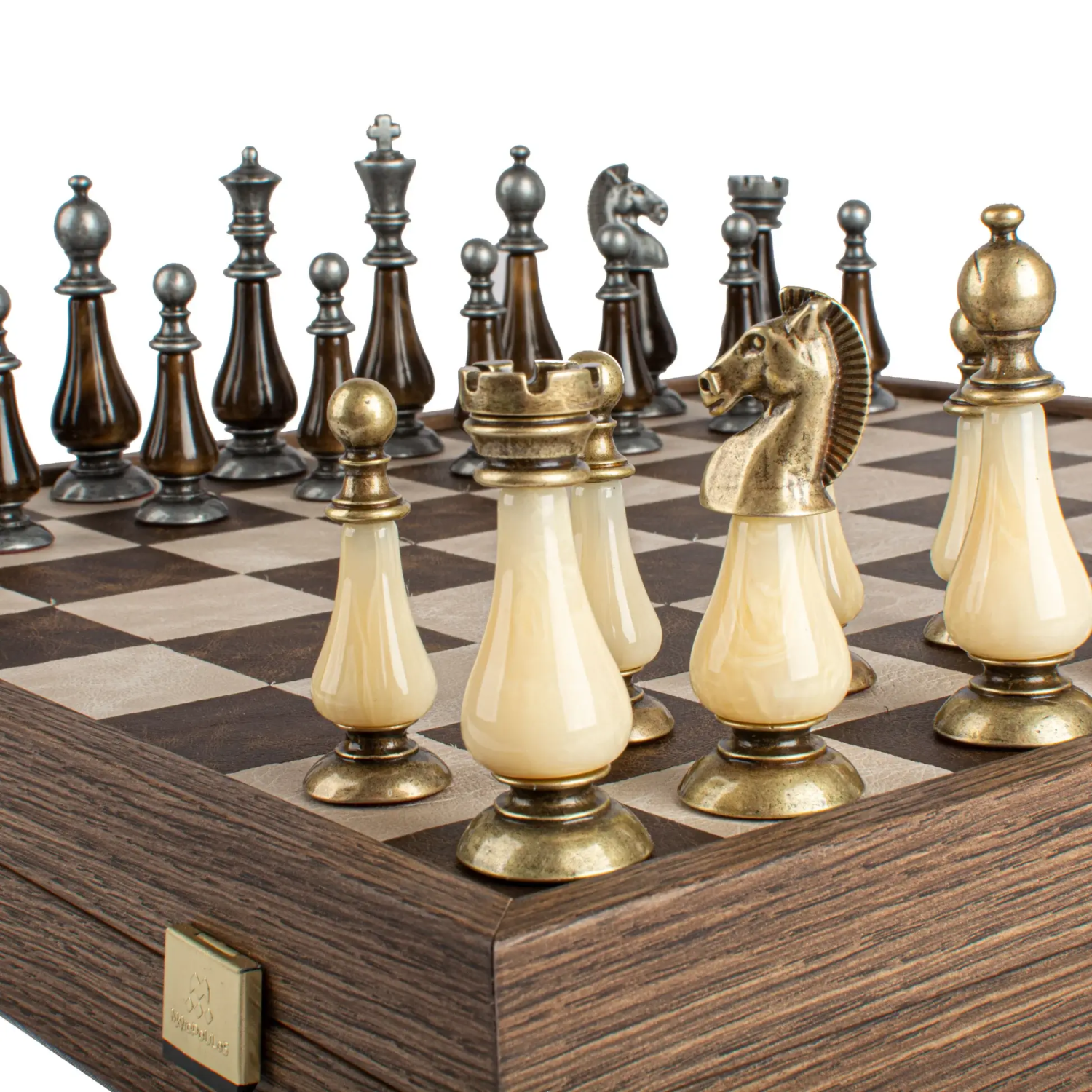 Joc de sah Leather Chessboard Chessmen & Ivory
