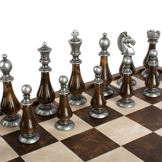 Joc de sah Leather Chessboard Chessmen & Ivory
