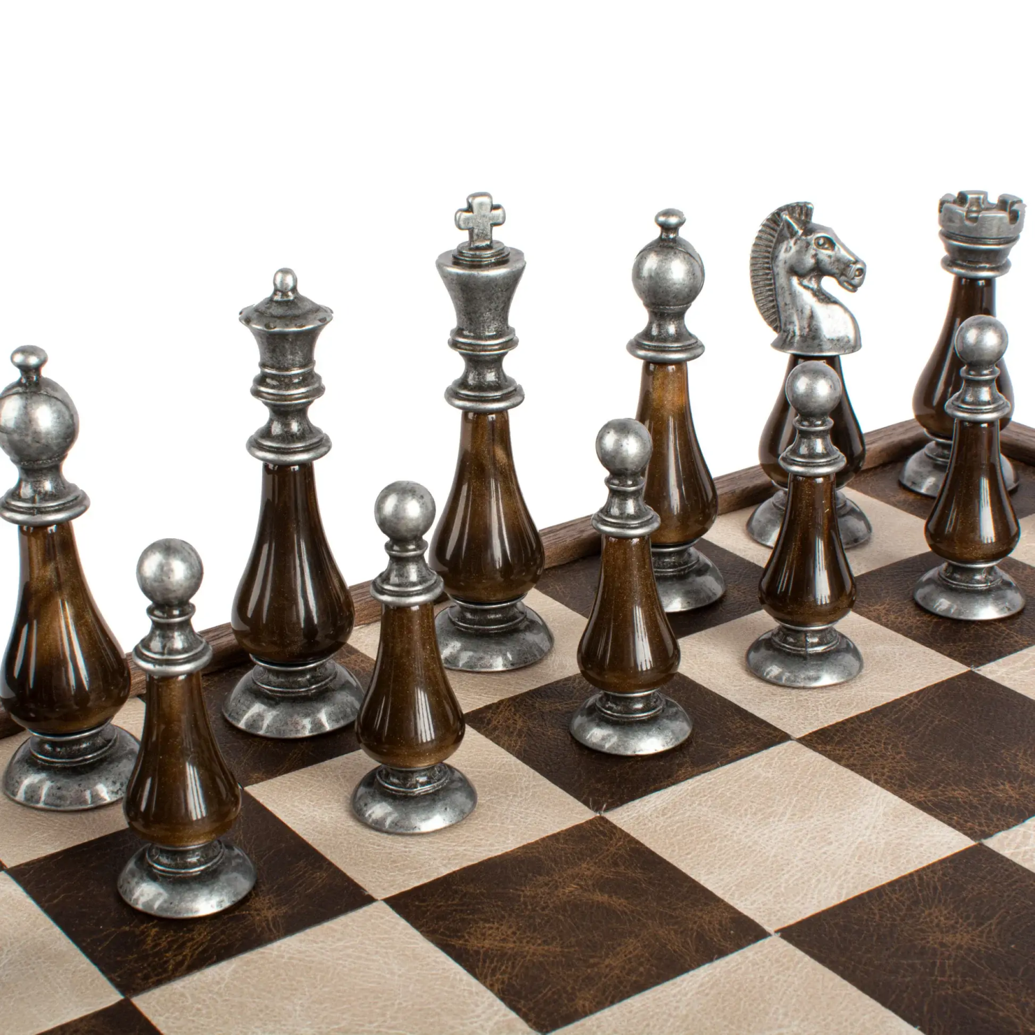Joc de sah Leather Chessboard Chessmen & Ivory