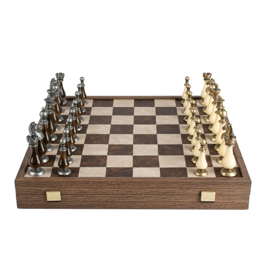 Joc de sah Leather Chessboard Chessmen & Ivory